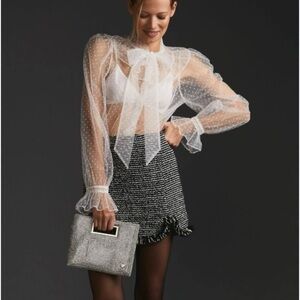 Anthropologie White Sheer Swiss Dot Bow Tie Blouse